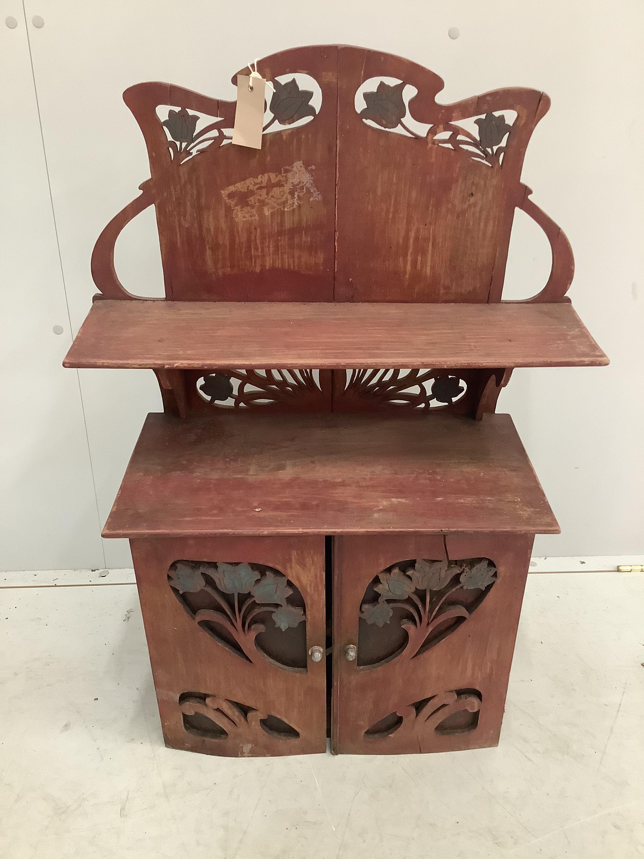 An Art Nouveau style painted wall cabinet, width 60cm, depth 26cm, height 86cm together with a painted hanging open bookcase